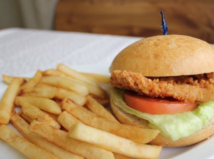 Tenderloin sandwich on seedless bun with fries.