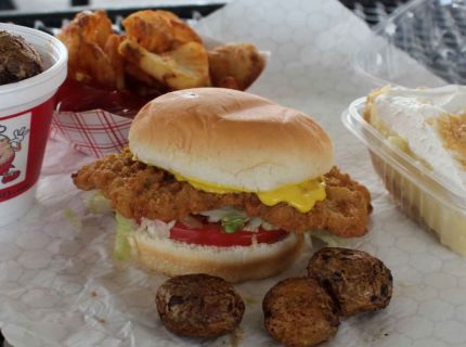 Shipshewana Flea Market Food Courts Nelsons Pit-tatoes, breaded tenderlone, pie, french fries