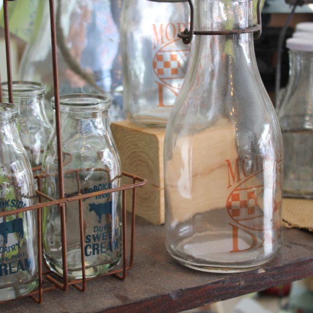 Milk Bottles for sale at flea market in Shipshewana Indiana