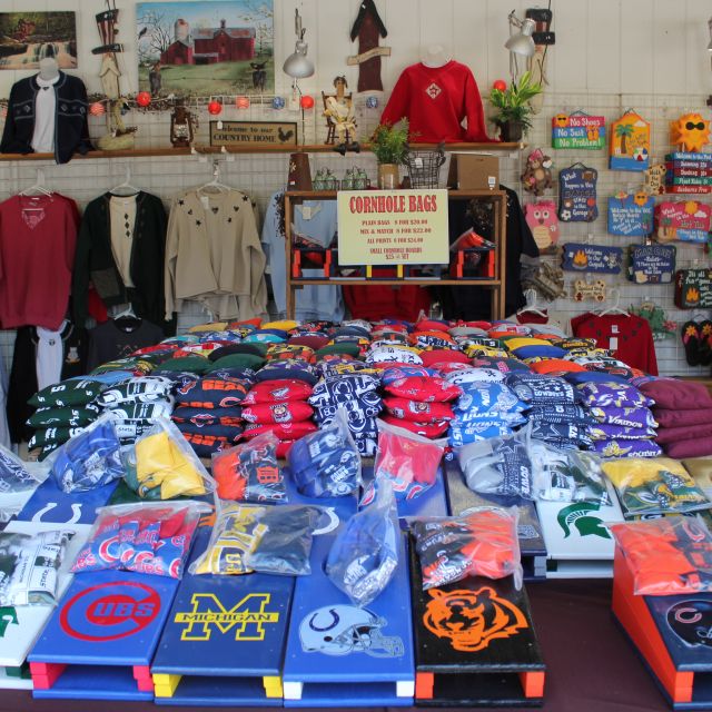 Handmade sports team corn hole bags at flea market in Shipshewana