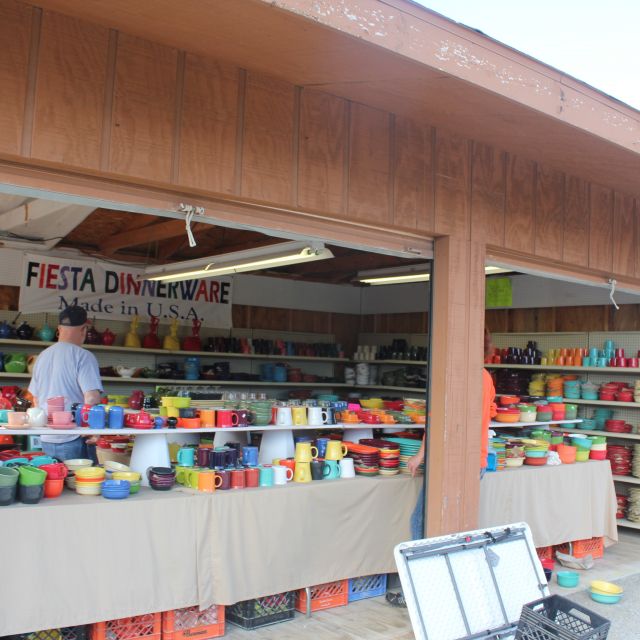Fiestaware dishes set up for sale at Shipshewana Flea Market